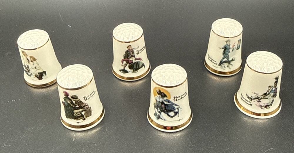 Vtg Norman Rockwell September 1980 Porcelain Thimbles Young Love Lot Of 6